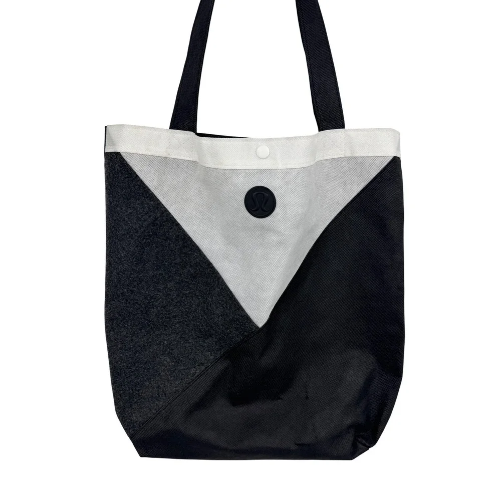 Lululemon Reusable Tote Bag Black Grey White Colorblock Shopper Snap‎ Closure